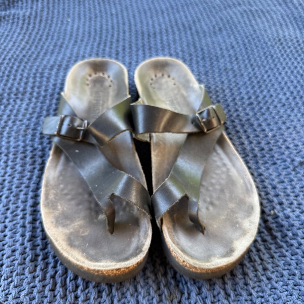 Mephisto Black Leather Cork Footbed Slide Sandals Womens 41 Adjustable Buckle